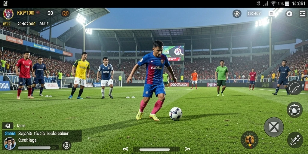 Screenshot KPK100 menampilkan aksi seru pemain dalam pertandingan sepak bola.