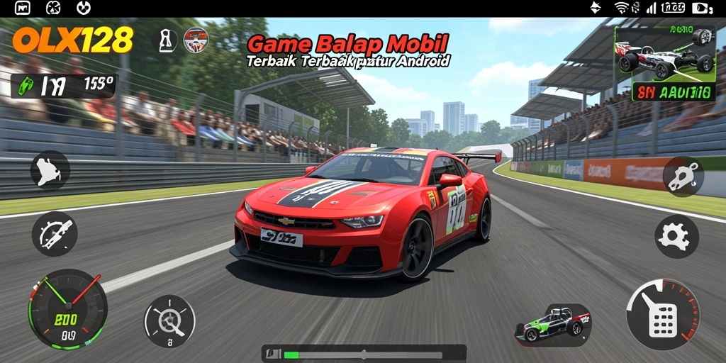 Tampilan gameplay mendebarkan dalam OLX128 saat balapan di sirkuit.