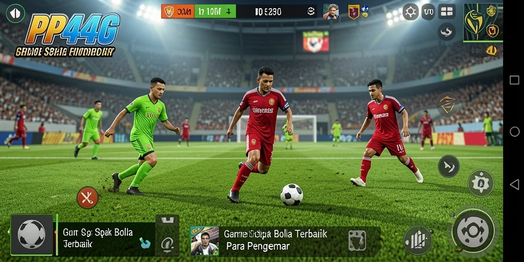 Screenshot gameplay PP444 menampilkan aksi seru di lapangan sepak bola.