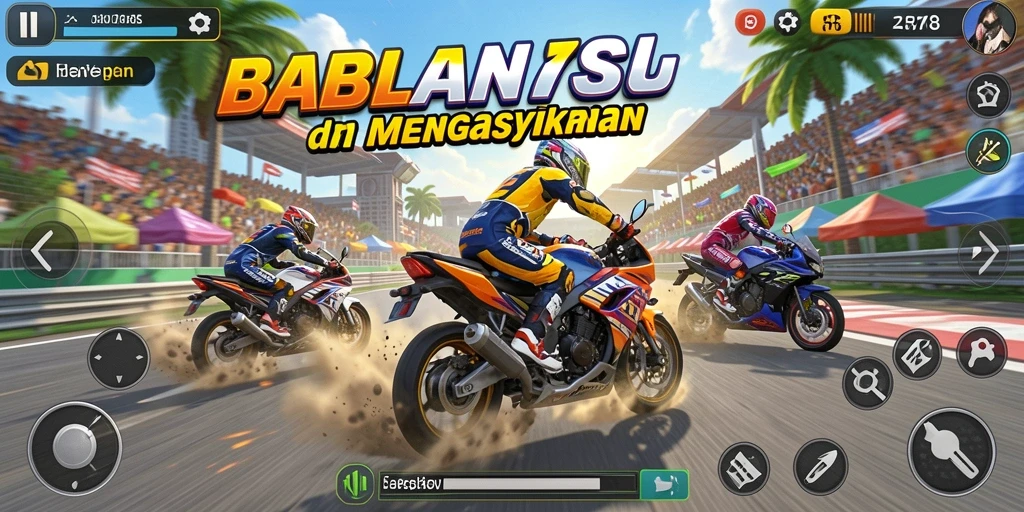Screenshot utama RP8 menunjukkan penuh aksi balapan motor yang mendebarkan.