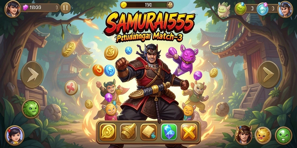 Screenshot gameplay SAMURAI555 menampilkan aksi mencocokkan simbol yang seru.